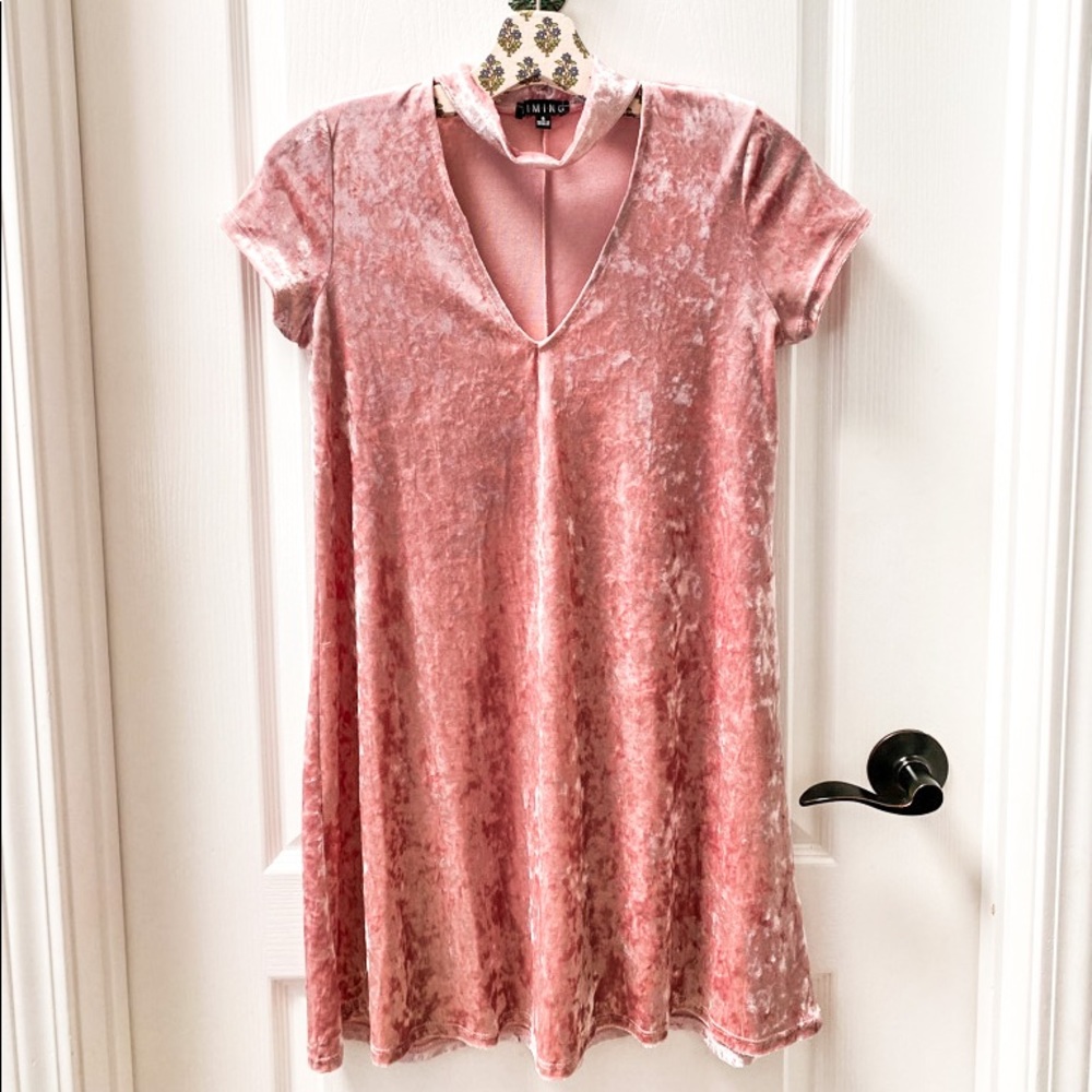T.I.M.I.N.G Pink Crushed Velvet Dress with Choker Size Small